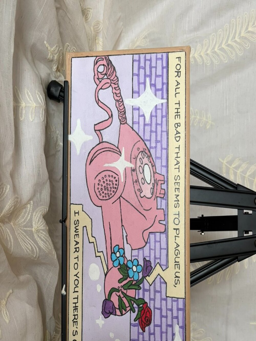 Hand Painted Retro Pink Telephone Floral Acrylic Canvas 8x16